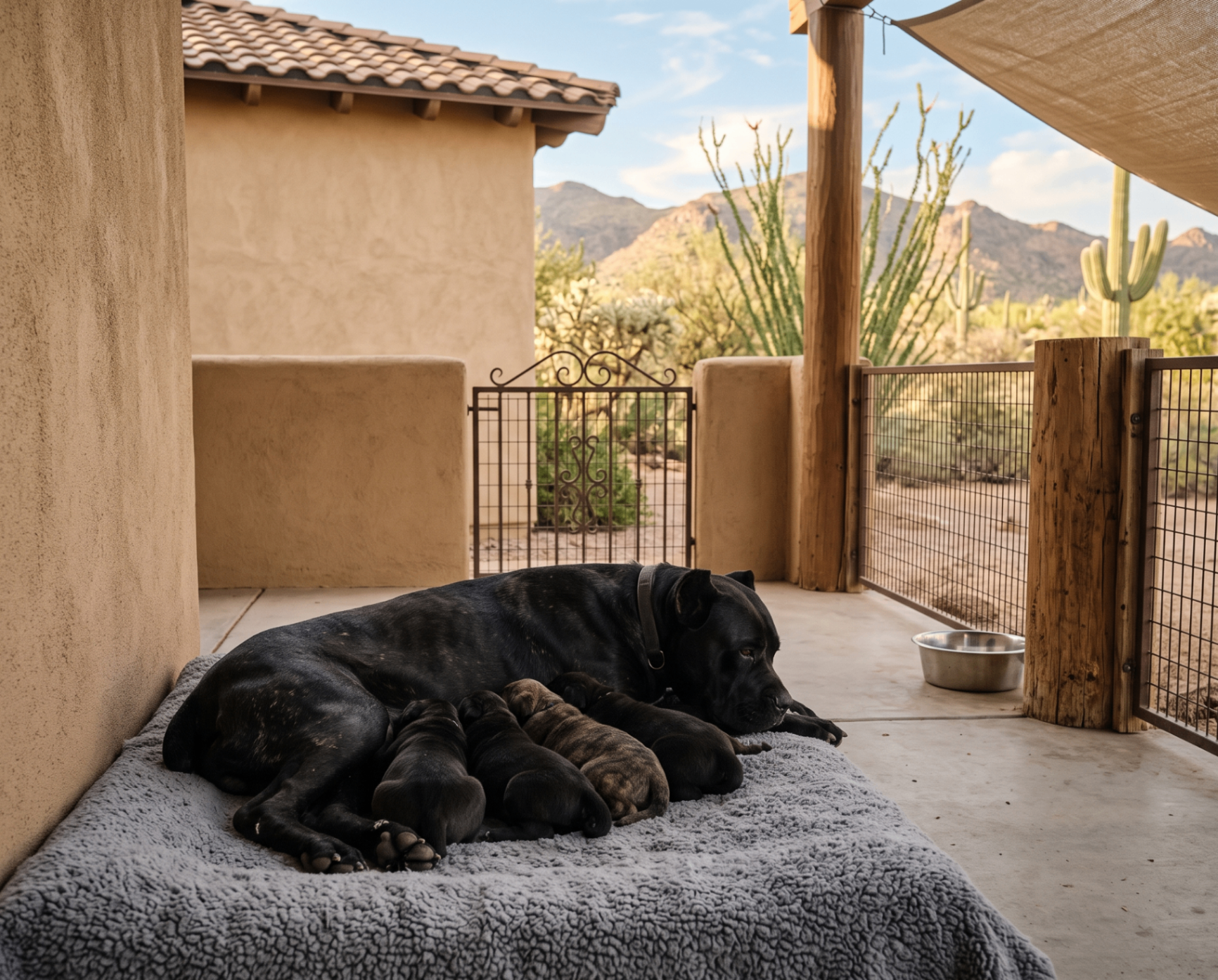 Two adult Cane Corso parents standing in our Arizona yard
